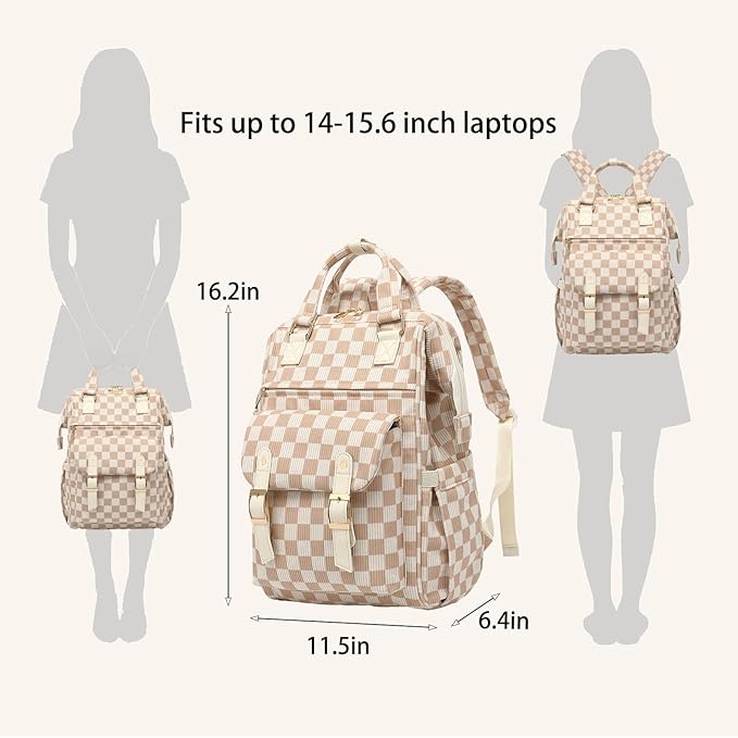 Corduroy Laptop Backpack for Women 15.6 Inch Stylish College School Bookbag, Business Work & Travel Computer Backpacks (Checkered Brown)