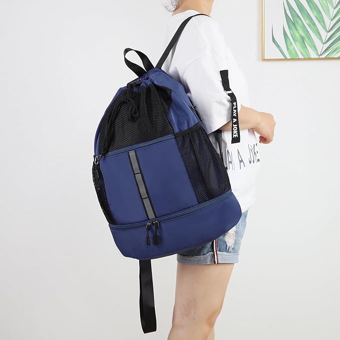 Valleycomfy Drawstring Gym Bag Sports Backpack With Shoe Compartment and Reflective Strips Dark Blue