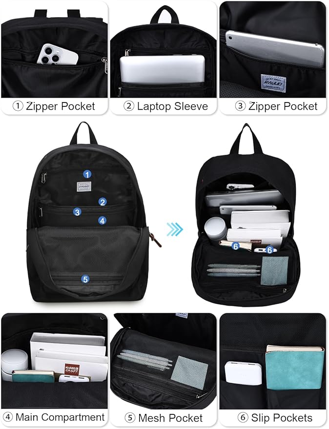 RAVUO Black School Backpack for Men Women | Classic College Bookbag for 15.6inch Laptop, Water Resistant Casual Daypack Schoolbag for Travel, Work