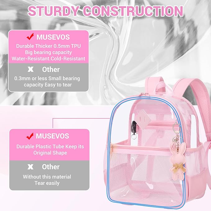 Clear Backpack for Stadium Events Approved 12×6×12, Thick TPU Mini Clear Bag with Front Pocket for Concert Sport Events Work Travel, Pure Pink
