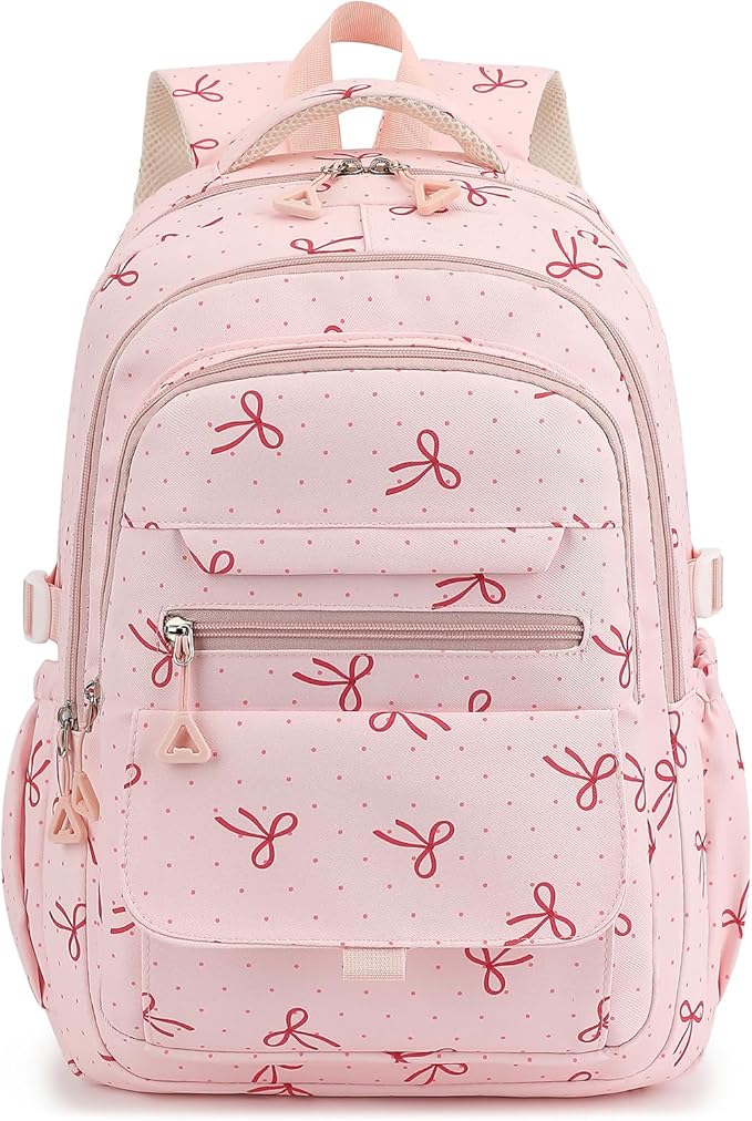 Phaoullzon Girls School Coquette Backpack for Kids Kawaii Bows Bookbag College Daypack,Pink Bow