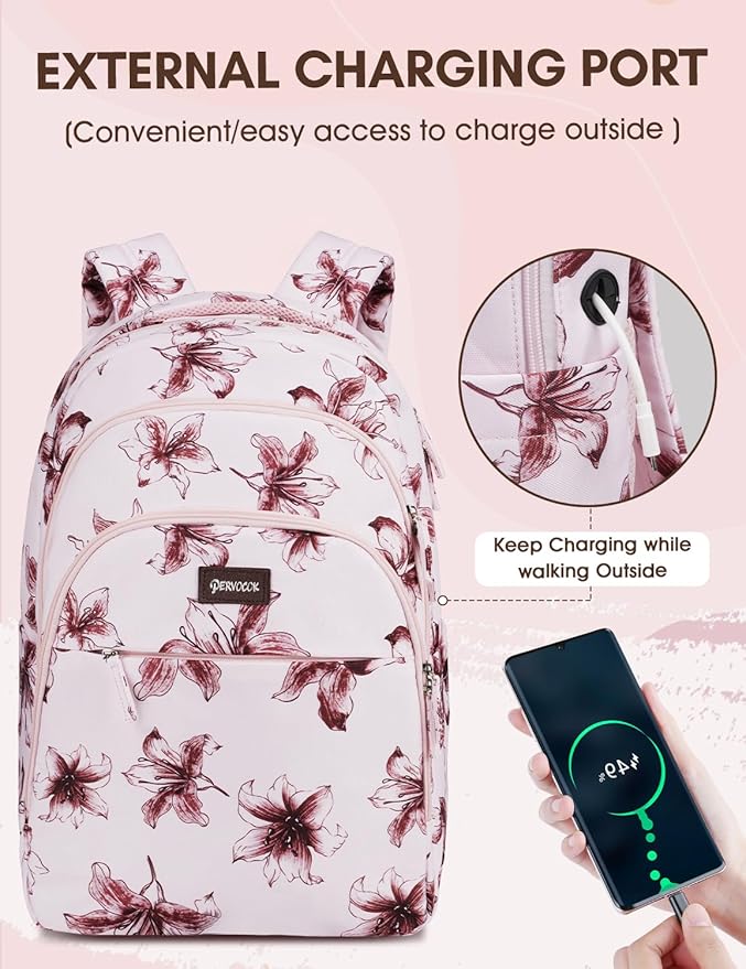 Laptop Backpack for Women, Pink Business Travel Laptops Backpack with USB Charging Hole for 17.3inch Laptop Work Bag, Sturdy Daypack Computer Backpacks Gift for Teacher Doctor Nurse College