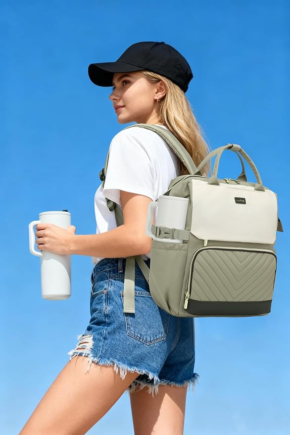 17.3in Computer Backpack for Women, Work Bag Laptop Bookbag with Cup Holder & USB Charger for Teacher Nurse College Travel Back Pack, Gifts, Beige Green