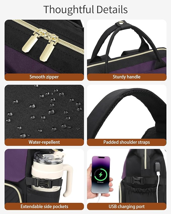 Computer Backpack for Women, Work Bag Laptop Bookbag with Cup Holder & USB Charger for Teacher Nurse College Travel Back Pack, Gifts, Black DarkPurple