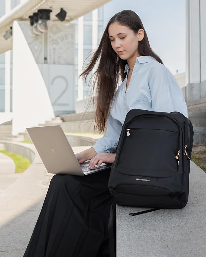 LIGHT FLIGHT Travel Laptop Backpack for 17.3" laptop, Carry on Backpack with USB Charging Hole, Water Resistant College Bookbag, Large Capacity Computer Backpacks for Work, Black