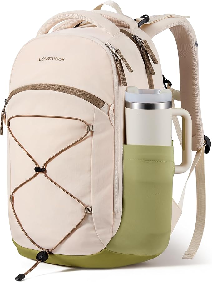 LOVEVOOK Travel Backpack for Women & Men With Giant Tumbler Holder,15.6 Inch Classic Laptop Work College Teacher Carry on Backpack Purse,Personal Item Backpack Hiking Computer Bag,Beige-Mustard Green