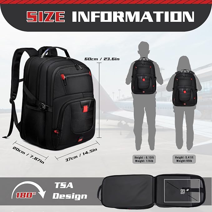 Extra Large 55L Travel Backpack, 18 inch Laptop Bag for Men, TSA Approved Heavy Duty with Charging Port, Anti Theft Rucksack for Business Work College, Black