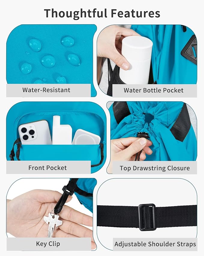 WANDF Drawstring Backpack with Removable Wet Pocket, Sandproof Beach Backpack with Bottom Compression Strap for Beach Mat, Swim Bag for Pool, Gym, Travel and Workout Gear (Teal)