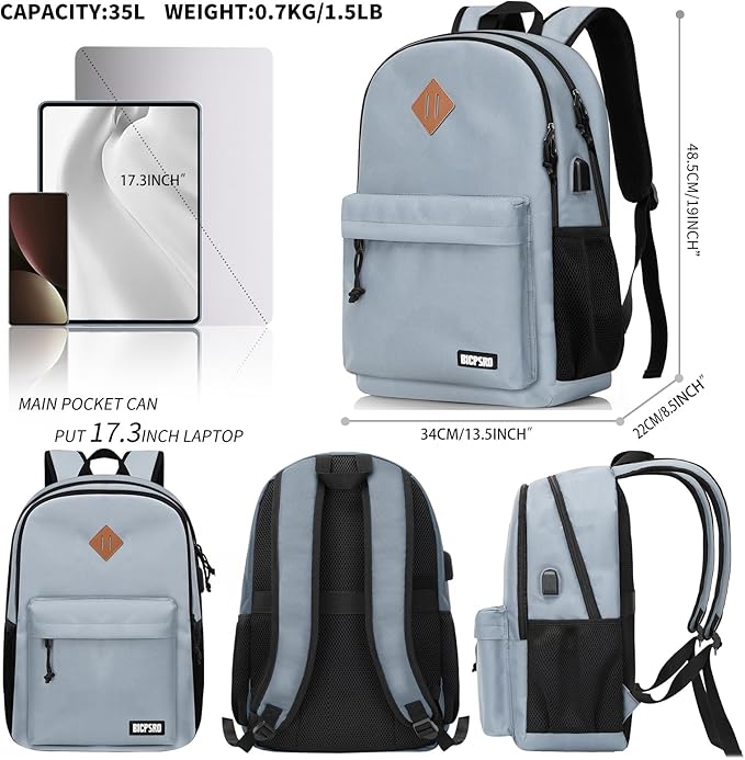 Backpack for Women Men, Casual School Backpack for Girls Boys Teens, 17.3 Inch Laptop Bookbag with USB Charger for College High School back pack lightweight mochilas para hombres, Grey