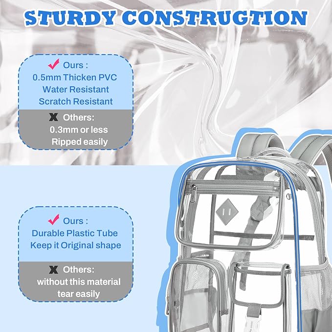 Clear Backpack for School,Heavy Duty PVC Transparent Bookbag for Girls Stadium Approved See Through Backpack
