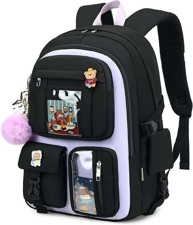 Backpack for Girls with Accessories Laptop Bookbags 16 Inch Kawaii Kids Elementary Middle High School Bag College Travel Daypack Gifts for Teens Women Students (Black Purple)