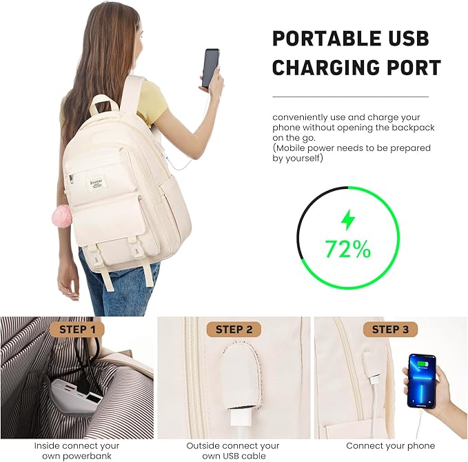 School Backpack for Girls Teens, Cute Aesthetic College Backpacks Large 15.6 Inch Laptop Bag Preppy Bookbag for Women Students Travel (Beige)