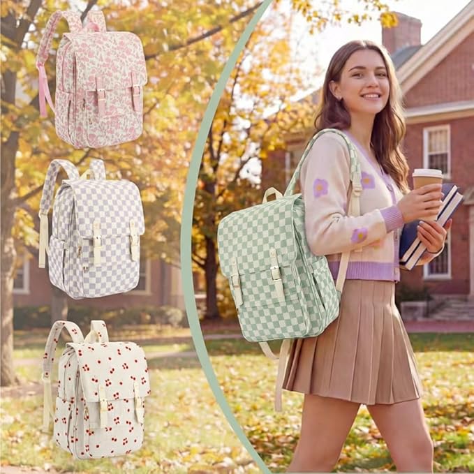 Women Laptop Backpack, Corduroy 15.6" Travel Backpack for Work College Business, Teacher Nurse Bag with Large Capacity School Bookbag Bags for Girls - Checkered Matcha Green
