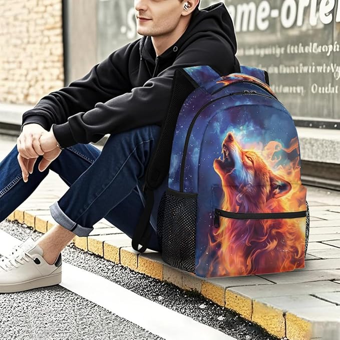 Pardick Wolf Fire Backpack for Kids Girls Boys Lightweight School College Students 18in Bookbag Large Capacity Computer Backpacks Laptop Rucksack Travel Gym Hiking Camping Daypack