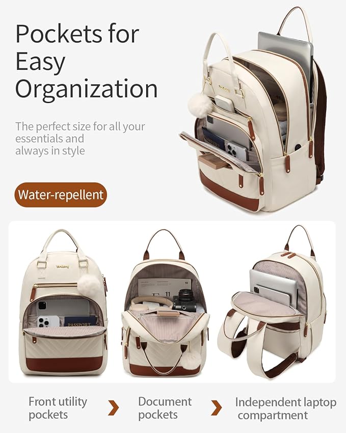 Womens Everyday Laptop Backpack, Aesthetic School Backpack for Teen Girls College Student, Cute Bookbag Purse for Work Travel, Beige Brown
