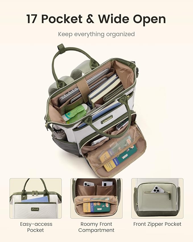 LOVEVOOK Laptop Backpack for Women with Giant Tumbler Holder,17 inch Professional Nurse Teacher Backpack Computer Laptop Bag,Cute Travel Backpack Purse Work College Bag, Beige-Bean green-Army green