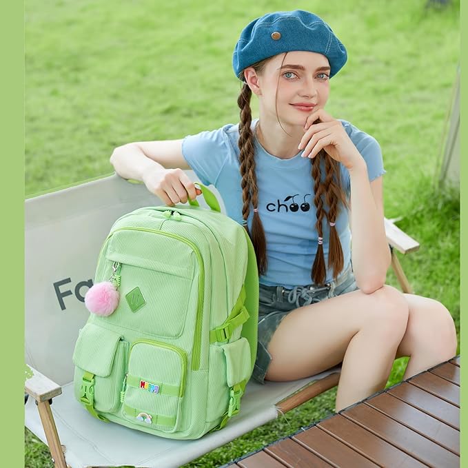 Girls Laptop Backpack Corduroy Bookbag For Teen Big Studen School Bag Durable Travel Daypack (5green)