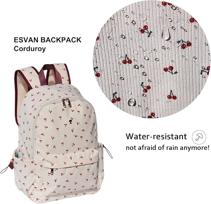 ESVAN Corduroy Backpack Lightweight Fashion 17 inch Laptop Bag for Women Casual College (Corduroy cherry)
