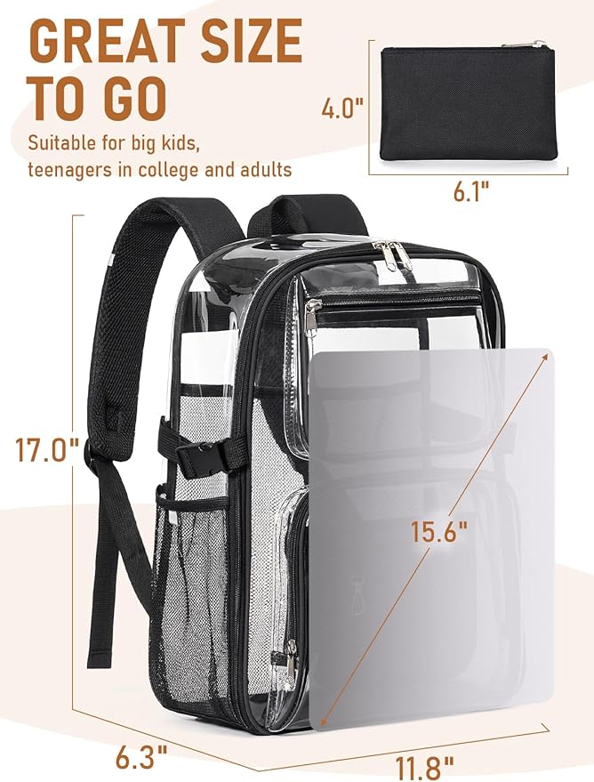 Clear Backpack Heavy Duty, Large TPU Clear Bookbag for Boys Girls Adult, See Through Transparent Back Pack with Multiple Pockets for College Work Casual Security,Black