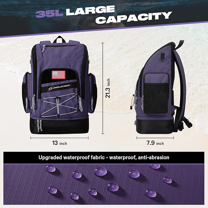 Maelstrom Swim Backpack 35L - Waterproof with Separate Shoe & Wet Compartment for Gym and Sports