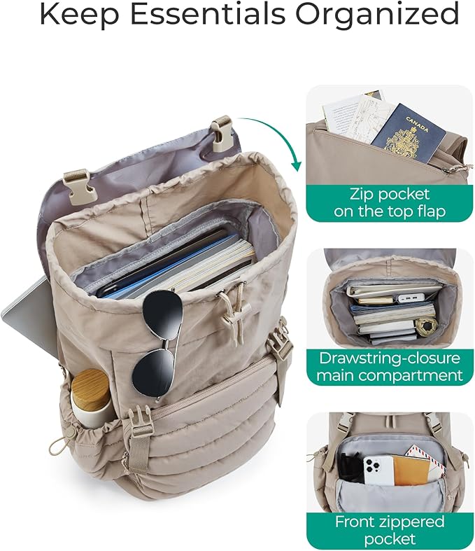 BAGSMART College Laptop Backpack, Large Opening Travel Backpack for Women, Outdoor Backpack for 15.6 Inch Laptop, Beige