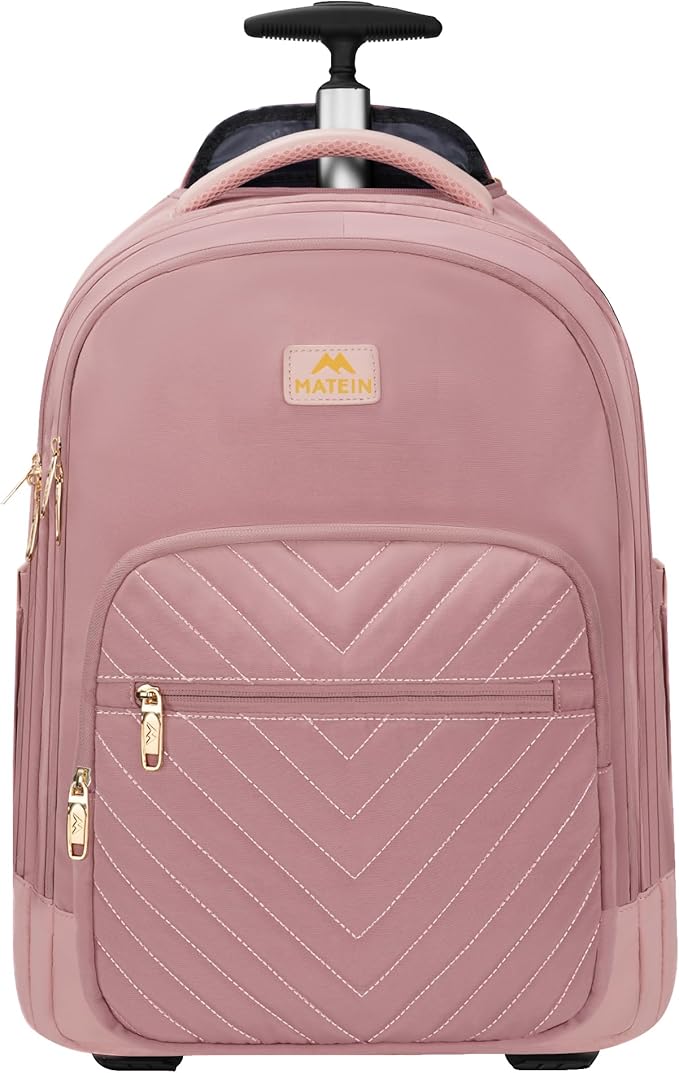 MATEIN Rolling Backpack for Women, 17 Inch Travel Laptop Backpacks with Wheels, Large Carry On Business Luggage Roller Backpack, Waterproof Trolley Suitcase Overnight College Work Computer Bag, Pink