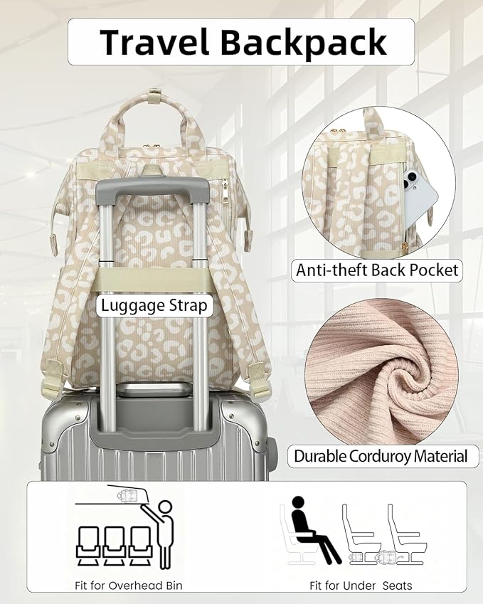 Laptop Backpacks for Women, Corduroy High School College Bookbag 15.6 Inch Laptop Bags for Girls Travel Daypack - Leopard Brown