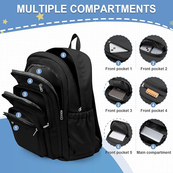weradar Black School Backpack For Women Men, Lightweight Casual Daypack College Backpack, Aesthetic Students Bookbag, Backpack With Lots Of Pockets,Cute High School Bag For Boys Girls