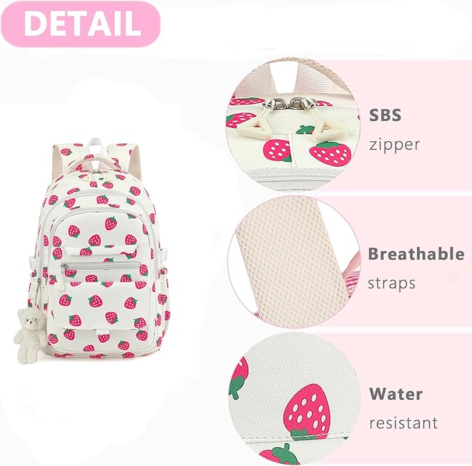 Girls Backpack for College High Middle School Student, Cute Aesthetic Bookbag for Teens Women with Accessories, Beige Strawberry