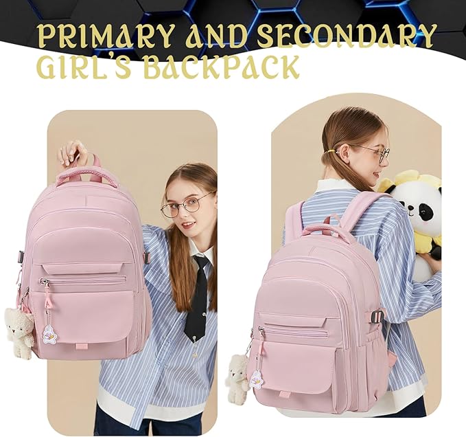 Girls Backpack for College High Middle School Student, Cute Aesthetic Bookbag for Teens Women with Accessories,Pink