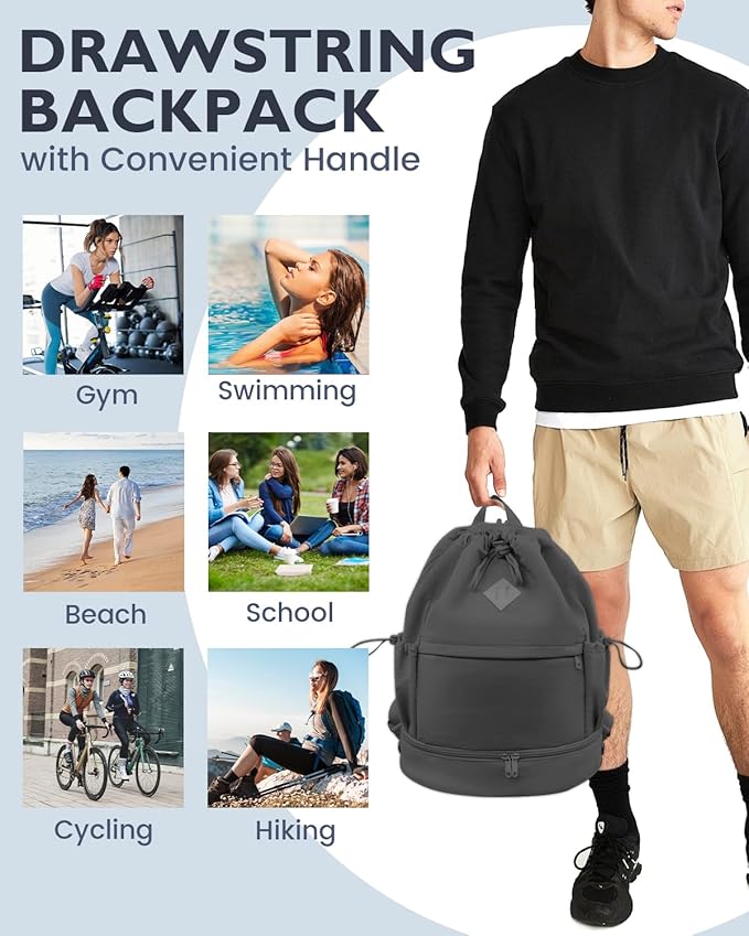 Drawstring Backpack Sports Gym Bag with Shoe Compartment and Wet Pocket String Swim Bag for Women Men Beach Backpack, Dark Gray