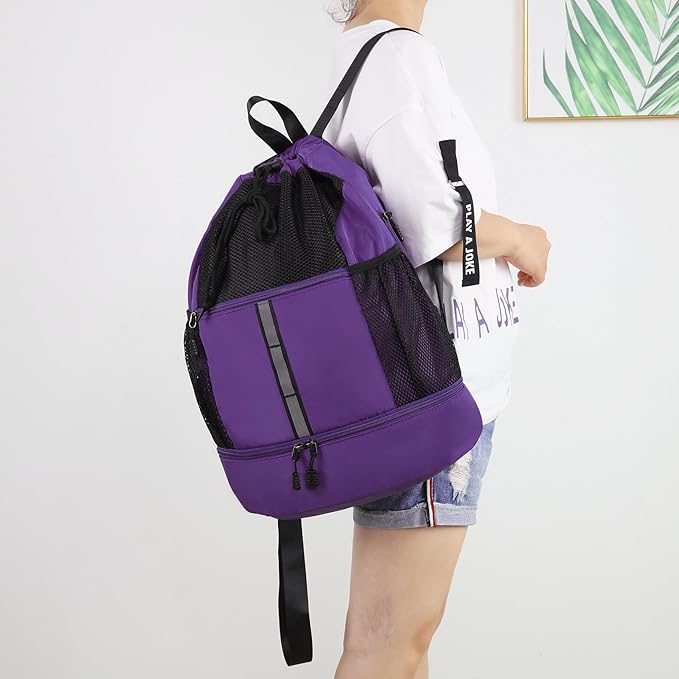 Valleycomfy Drawstring Gym Bag Sports Backpack With Shoe Compartment and Reflective Strips Purple