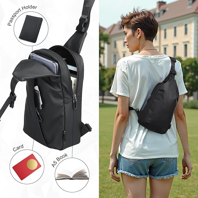 Small Sling Bag, Waterproof Nylon 7.9 Inch Crossbody Chest Bags Daypack Backpack with Anti-theft Pocket for Men Women (Black)