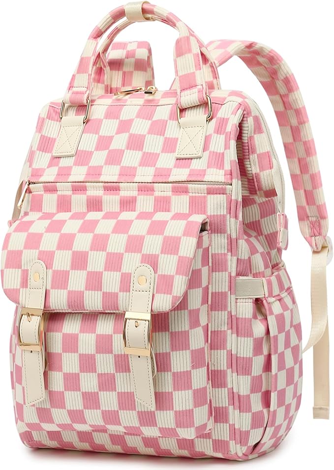 Laptop Backpacks for Women, Corduroy High School College Bookbag 15.6 Inch Laptop Bags for Girls Travel Daypack - Checkered Pink