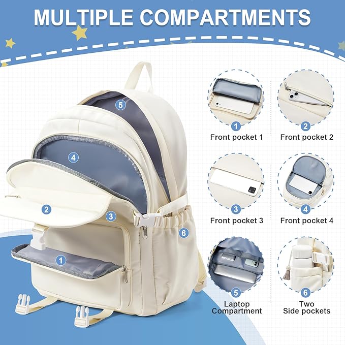 Lightweight Waterproof Backpack for Women Men Large Capacity College School Bag with Luggage Straps Multiple Pockets Durable High School Bookbag, Casual Daypacks for Students Girls Boys(Beige)