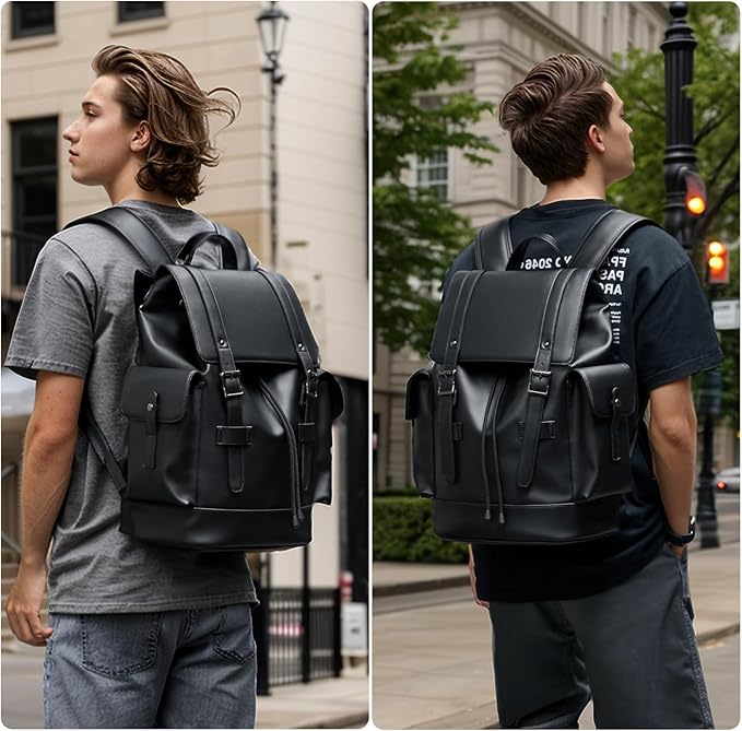 Leather Backpack Waterproof Fit 15.6 Inch Laptop Vintage Drawstring Design Large Capacity Travel Sports Outdoor Casual Black Men Women College Backpack