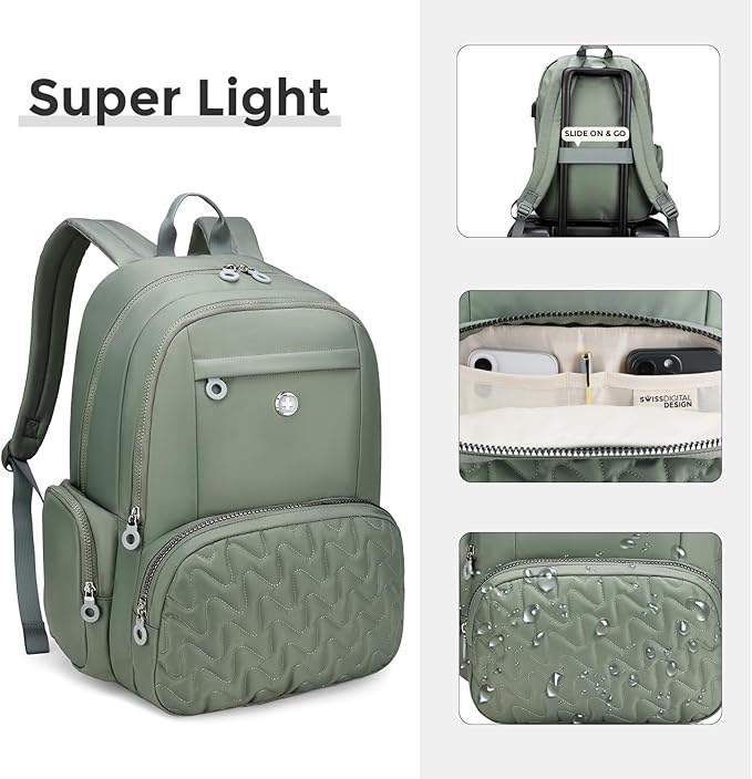 Swissdigital Design Travel Backpack for Women, 15.6 inch Laptop College Grayish Medium Simple Modern Backpacks for School with USB Charging Port for Womens Girls | SD1711-27