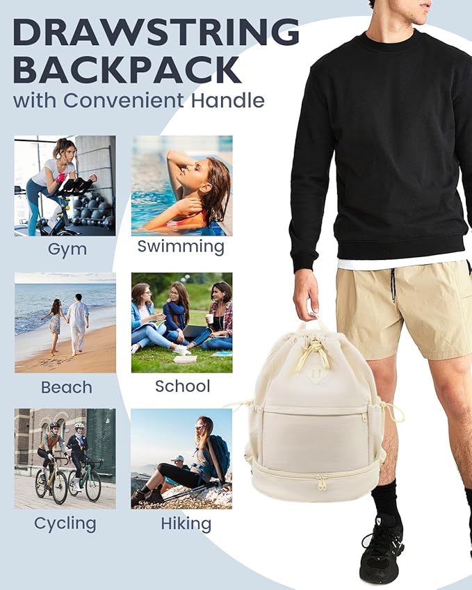 Drawstring Backpack Sports Gym Bag with Shoe Compartment and Wet Pocket String Swim Bag for Women Men Beach Backpack, Beige