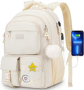 Cute Middle High School Bags 17.3 Inch Bookbag for Teen Girls,Laptop Backpack for Women,Back Pack Knapsack for College Student(Beige)