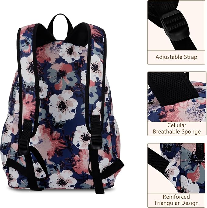 Women's Water-resistant Daypack Backpack, 15.6 Inch Laptop Compartment & Anti-Theft Pocket, Adjustable Padded Straps for Commuting, Travel, Work, College, Anemone