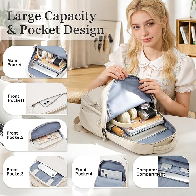 Cute School Backpack for Teens Girls Boys Waterproof School Bag Basic Backpack for College Students Multi Pocket Backpack Lightweight Casual Daypack Backpacks for Women Men（Beige）
