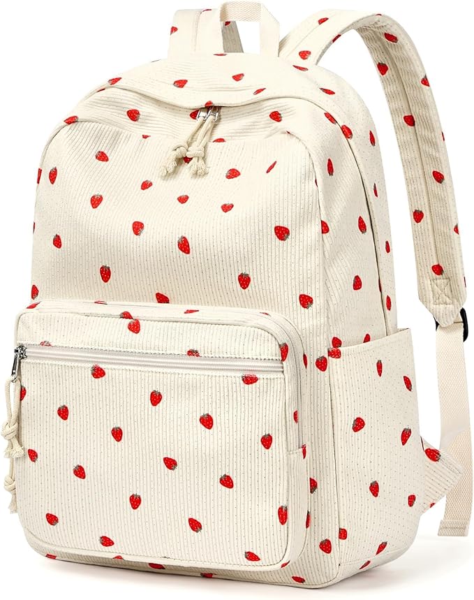 mibasies School Backpack for Girls with Laptop Sleeve: 18IN Large Capacity Corduroy Bookbag for Primary Middle School/College, Travel Daypack for Teens Women - Beige Strawberry