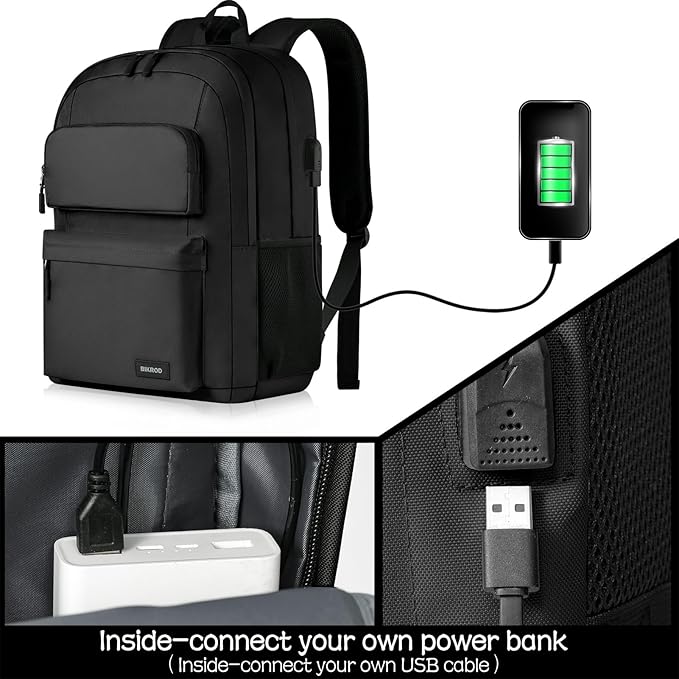 BIKROD Backpack for School Teen Boys and Girls, School Backpack for Men and Women, Large Kids Bookbag with USB Charging Port Fit 15.6 Inch Laptop/Notebook, Black