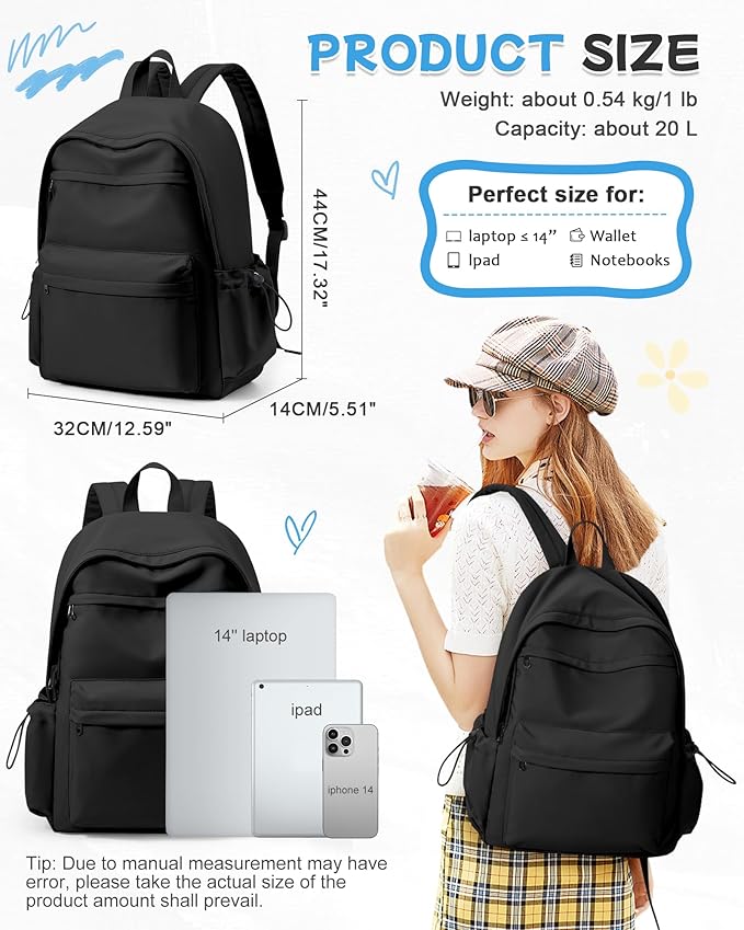 Black Backpack for School, High School Bookbag Back Pack for Teens Girls Boys, Lightweight College Backpack Book Bag for Women Men, Simple Casual Daypack Backpack Mochilas Escolares para Adolescentes