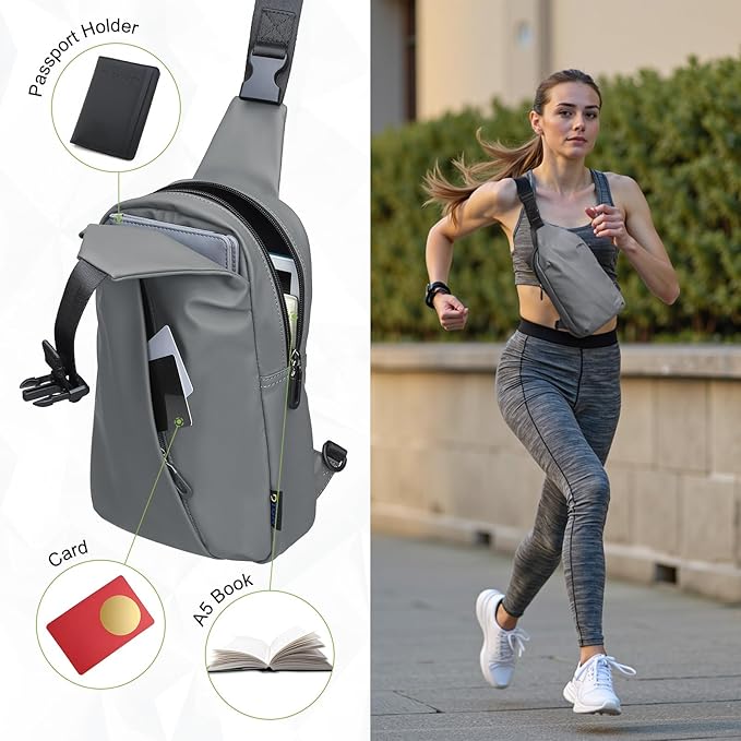 Small Sling Bag, Waterproof Nylon 7.9 Inch Crossbody Chest Bags Daypack Backpack with Anti-theft Pocket for Men Women (Grey)