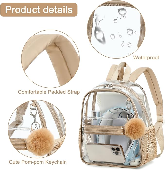 BTOOP Clear Mini Backpack for Stadium Events 12x12x6 Small Transparent Backpacks Plastic See Through Clear Bag for Concerts Work Festival Security Travel Khaki