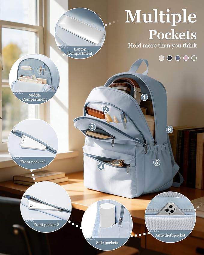Lightweight School Backpack for Women Men, Multi Pocket Backpack for College Students, Waterproof Middle School Bags, Simple Bookbag for Teens Girls Boys, Blue