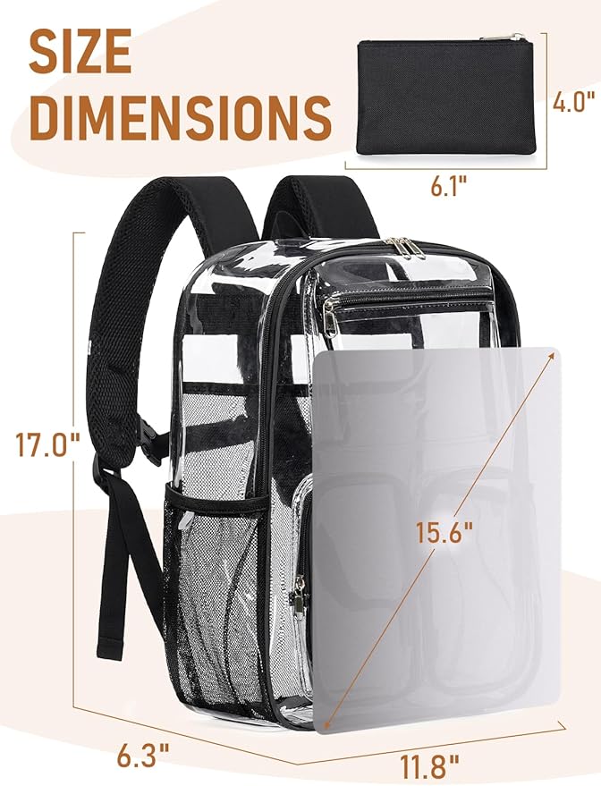 Large Clear Backpack Heavy Duty for Women Men Boys Girls, Clear Bookbag for School, 17 Inch Transparent Backpack with Accessories for Work Casual Sport, Black