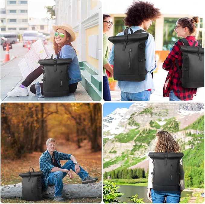 Rolltop Backpack, 15.6 Inch Waterproof Laptop Backpack with USB Charging Port, Expandable 18-27L Travel Backpack for Men Women, Casual Daypack for Work Business College-Black