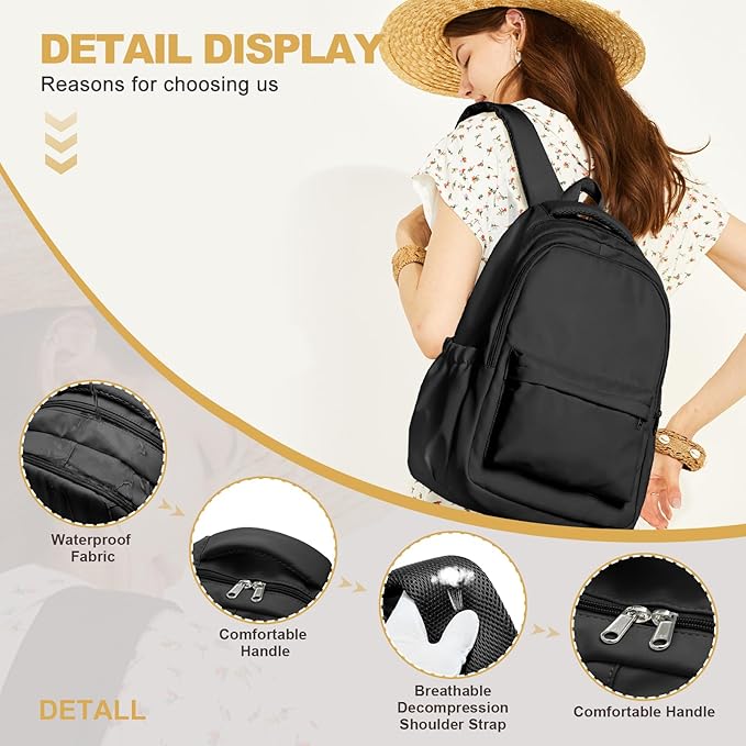 Lightweight School Backpack for Women Men, Black Laptop Travel Casual Daypack College Secondary School Bags Bookbag for Teenage Girls Boys